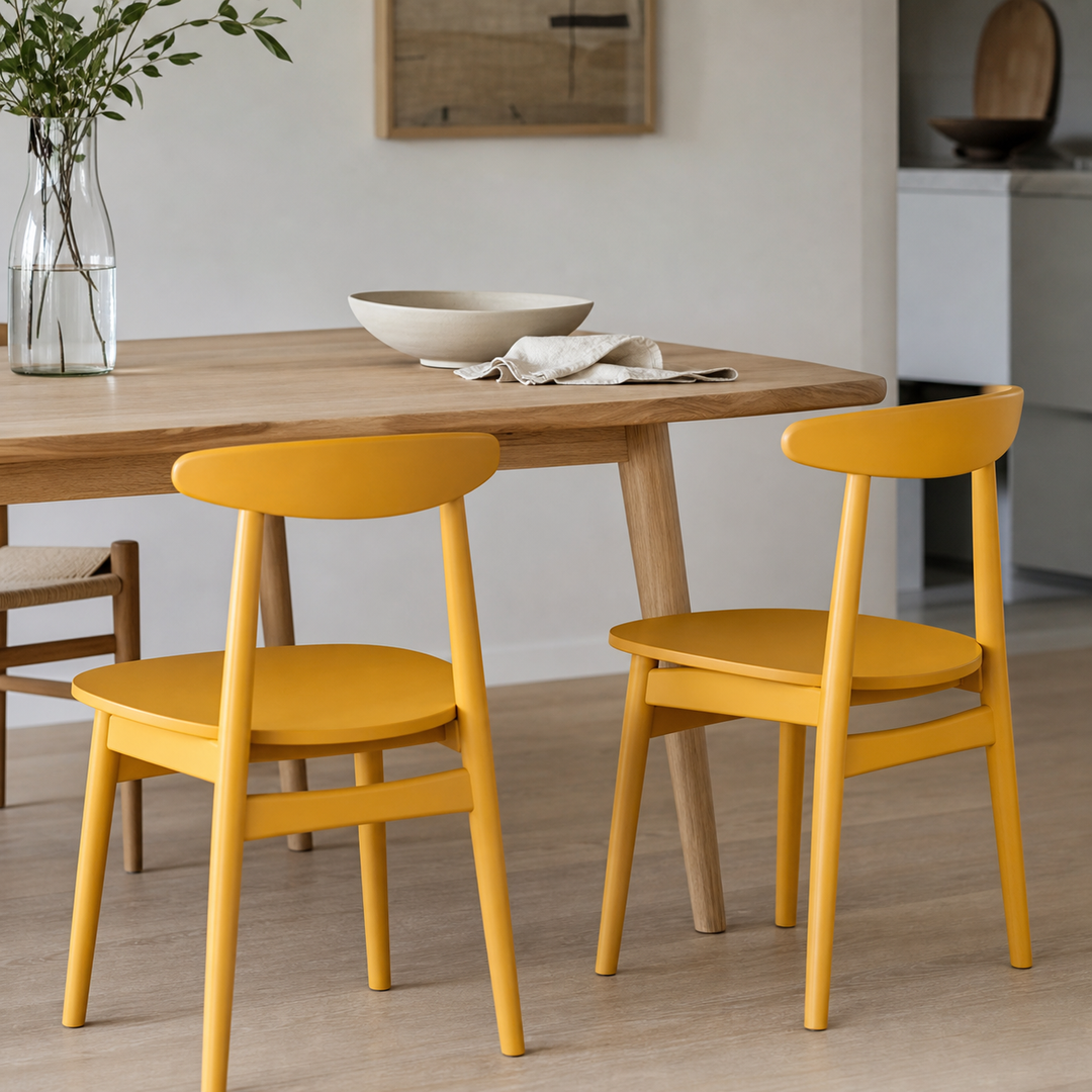 Gule retromøbler som farveaccent i en moderne spisestue