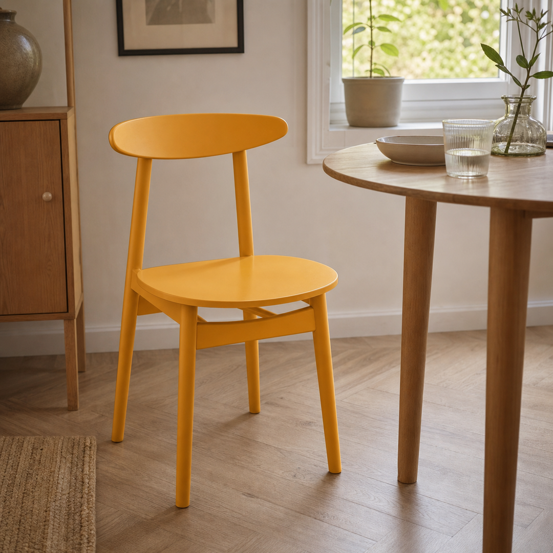 De gule retrostole er rummets ene tydelige tidsmarkør i en moderne spisestue.