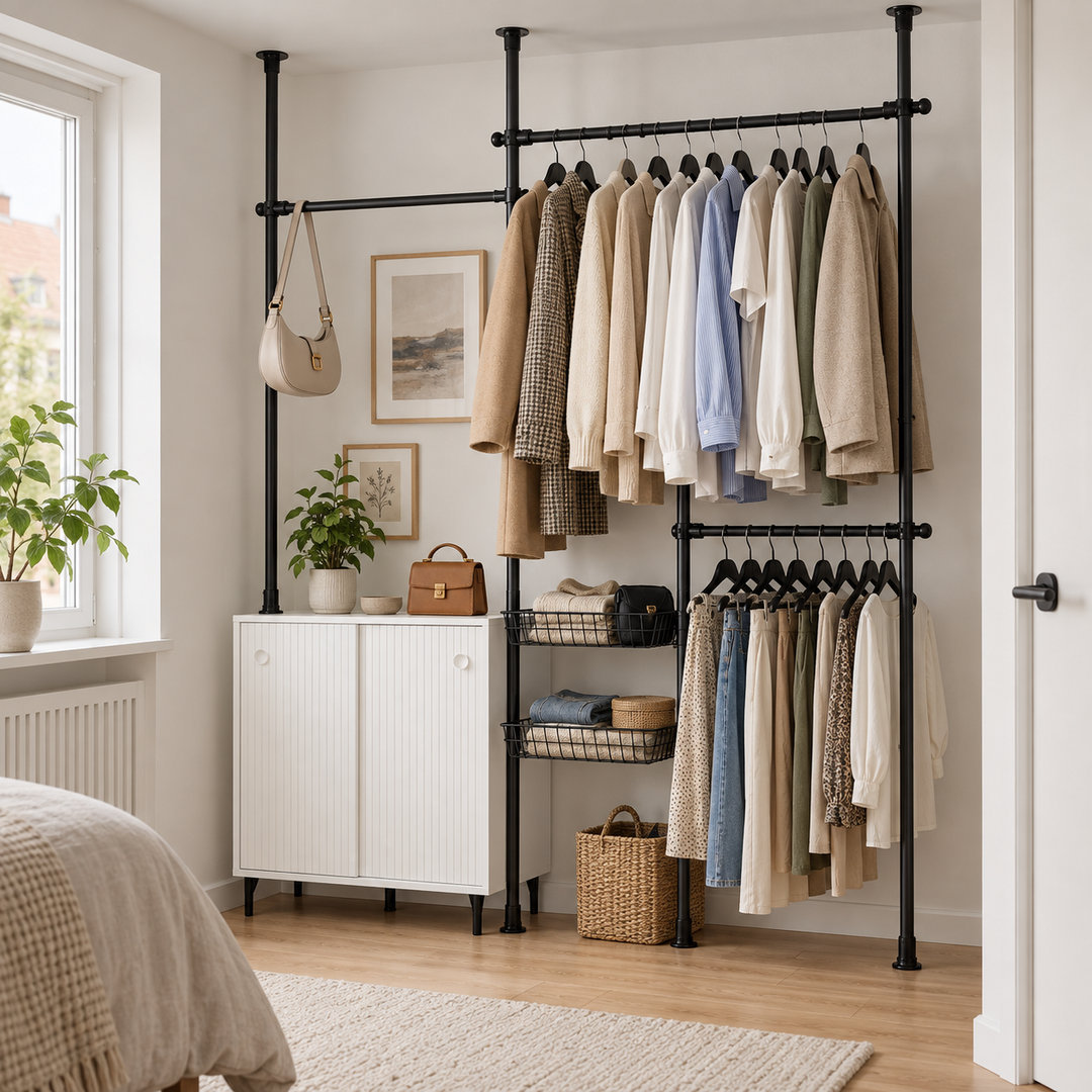 Det sorte garderobesystem i en almindelig dansk garderobe med plads til tasker