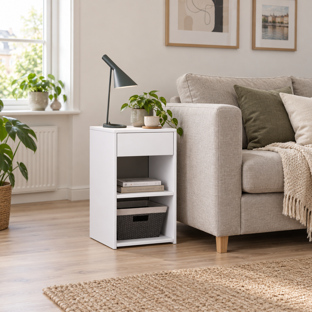 Sidebordet på 65 cm står ved en eksisterende sofas høje armlæn omtrent samme højde