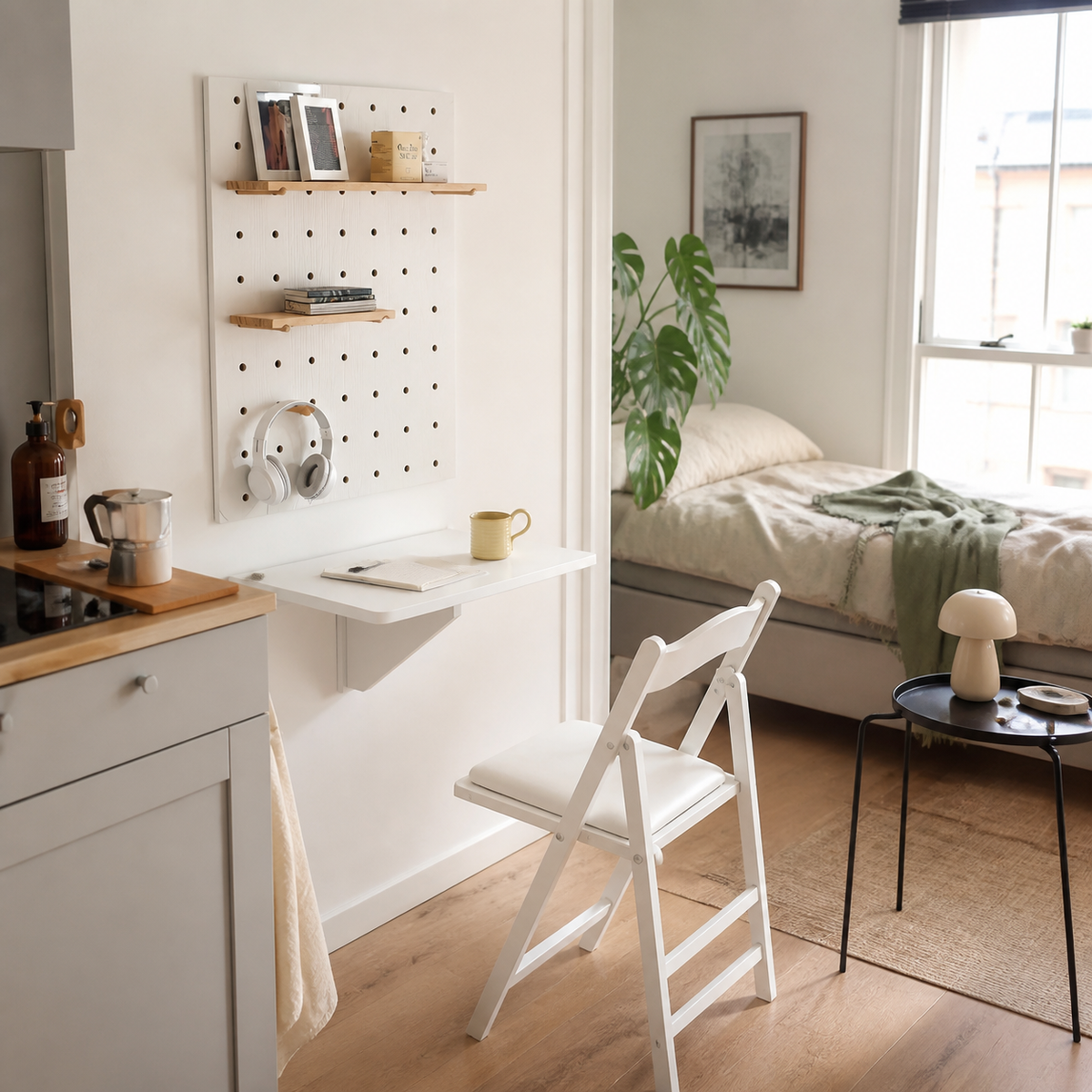 studielejlighed under 30 m² med tydelige zoner, kompakt bord og fri gulvplads