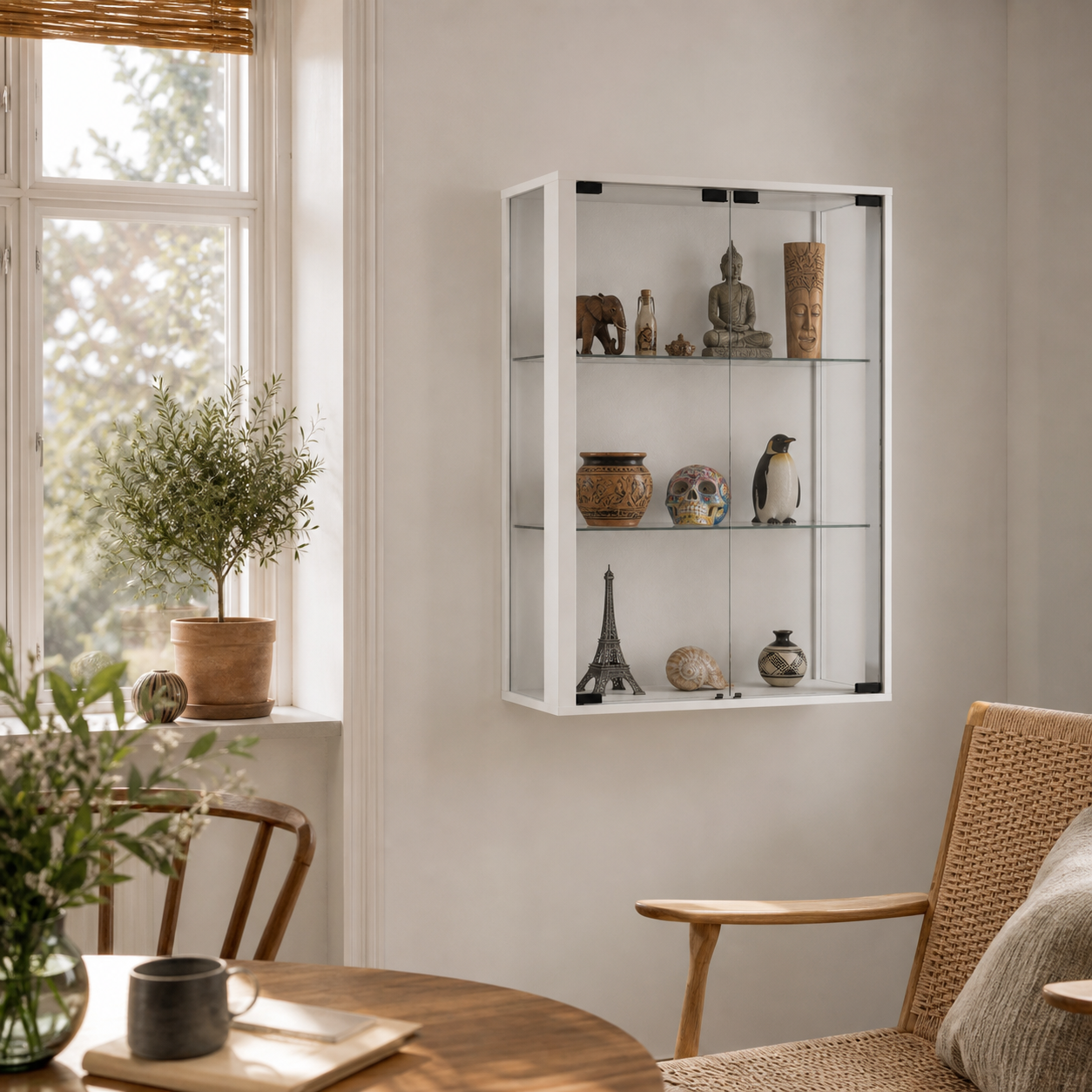 Rejseminder samlet i en lys vægvitrine i stuen