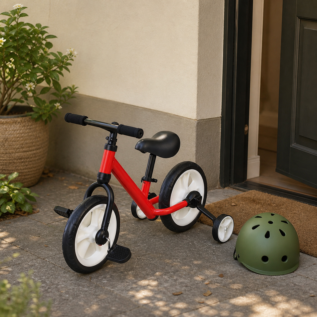 Børnecykel klar med hjelm og pumpede dæk før hverdagen