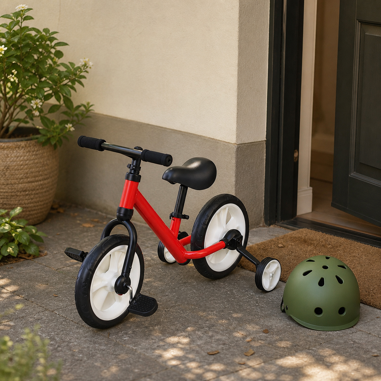 Børnecykel klar med hjelm og pumpede dæk før hverdagen