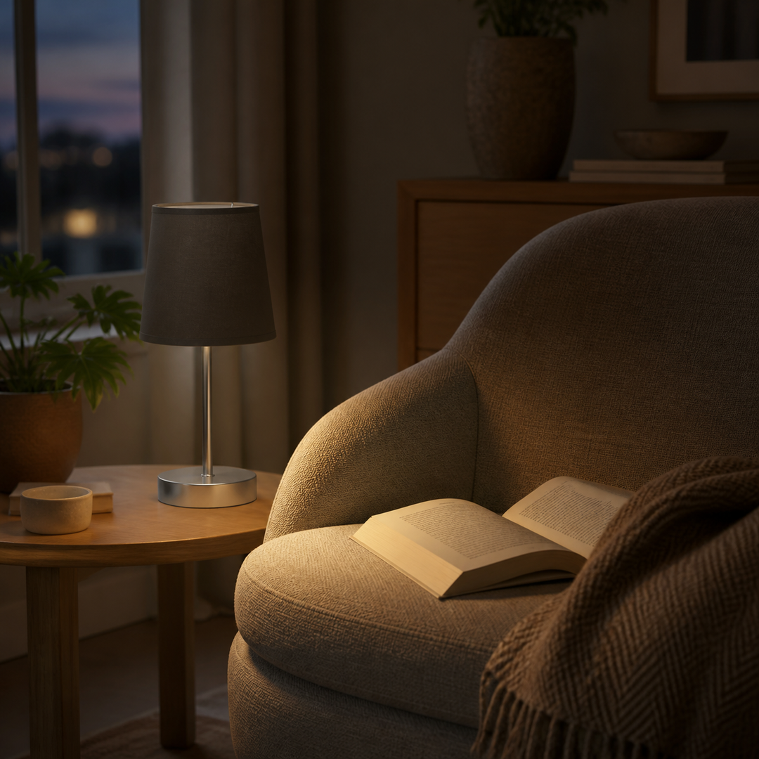 Bordlampe placeret bag lænestolens side med lys på en åben bog