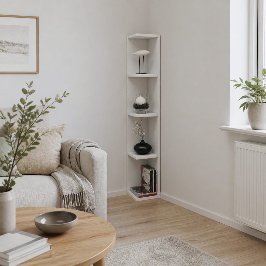 Smal hjørnereol med luft omkring i stuen