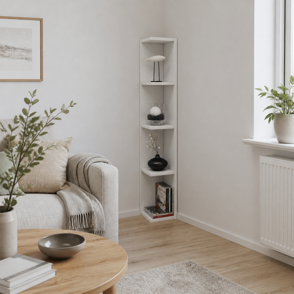Smal hjørnereol med luft omkring i stuen