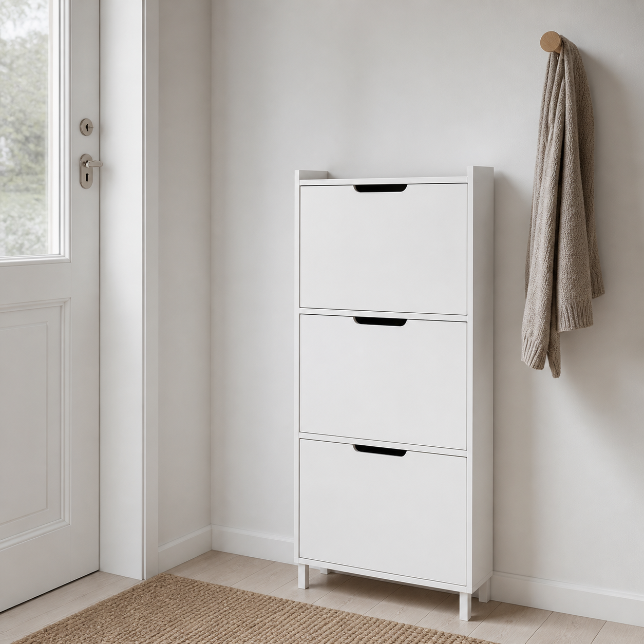 Minimalistisk entré med slankt lukket skoskab
