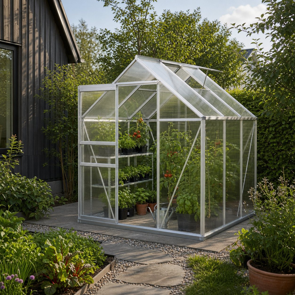 Fast drivhus med planter i en dansk have