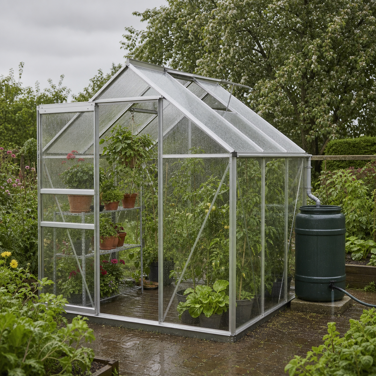 Polycarbonatdrivhus med tagrende, nedløb og regnvandsbeholder