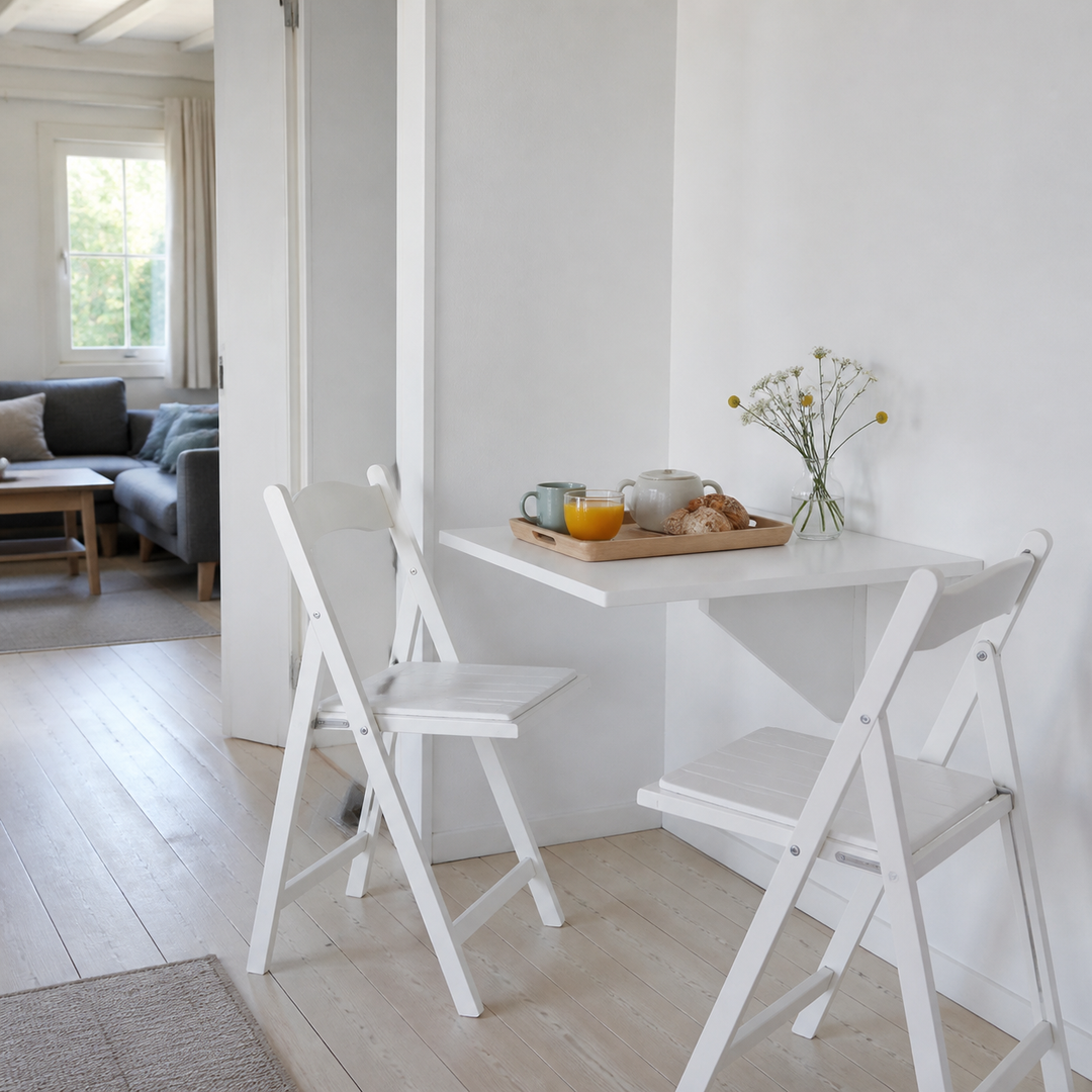 lille dansk sommerhus med vægbord, opbevaringsbænk og lyse væghylder
