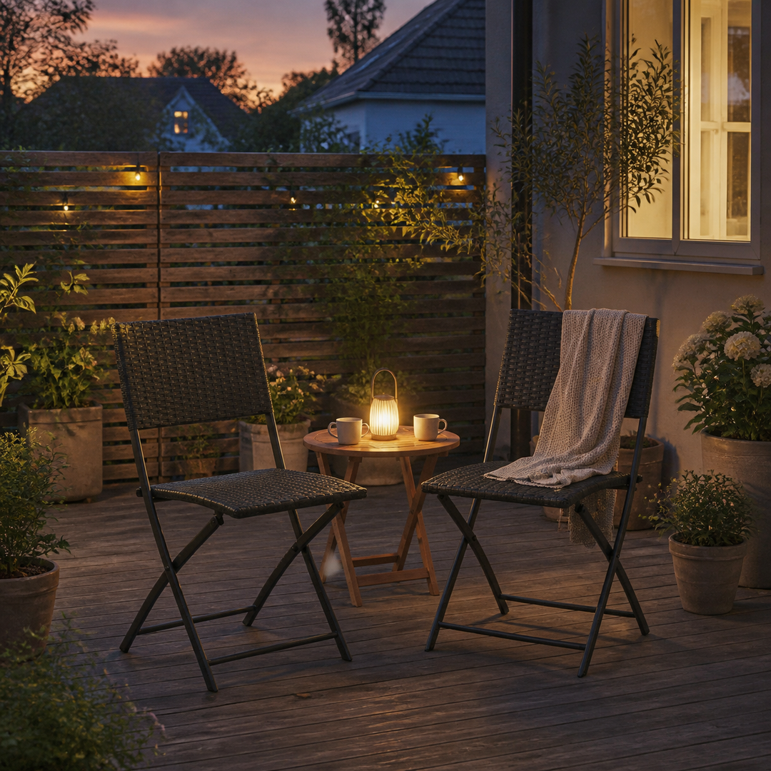 dansk terrasse efter solnedgang med samlet siddezone, sidebord og diskret godkendt orienteringslys