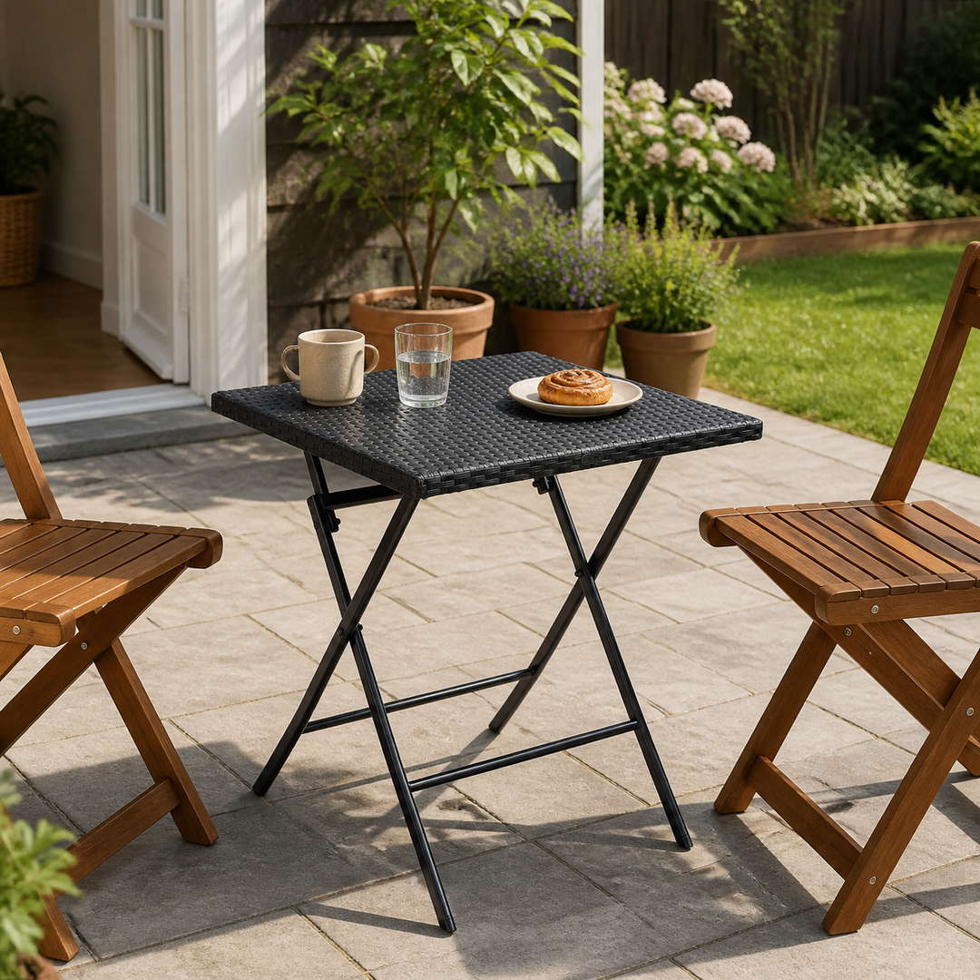 dansk terrasse med realistisk dækket havebord, frie stole og klar passage