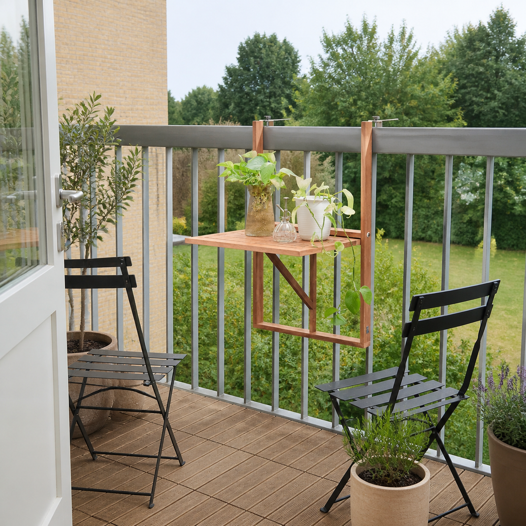 lille dansk altan med hængebord, foldestole, lodrette planter og fri passage ved døren