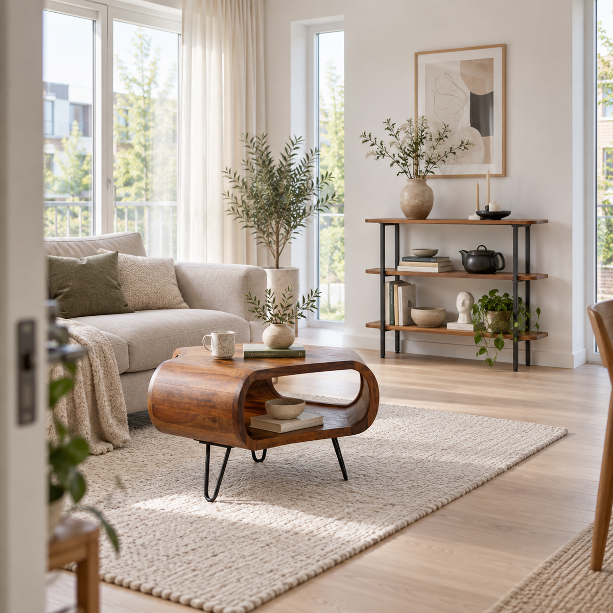 Brunt bord i nybygget stue med store lyse gardiner og en eksisterende polstret sofa. Alle møbler står naturligt i rummet og er helt synlige