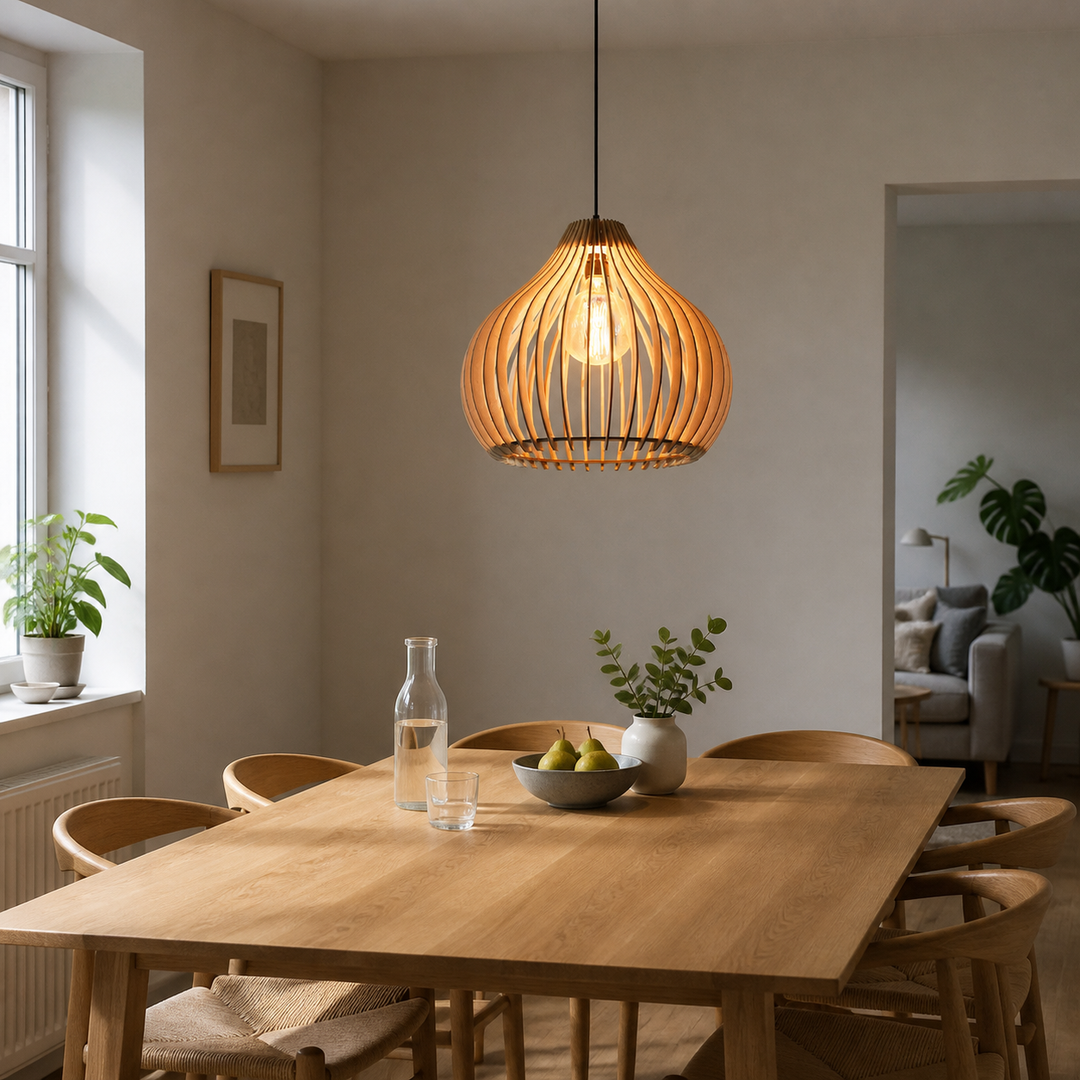 varm dansk spiseplads med korrekt skaleret pendel over bordet og fri synslinje