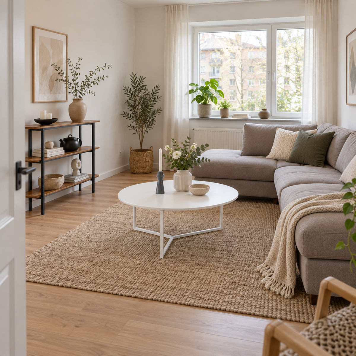 Rundt bord foran en eksisterende sofa på én hovedvæg i et kvadratisk rum. Alle møbler står naturligt i rummet og er helt synlige
