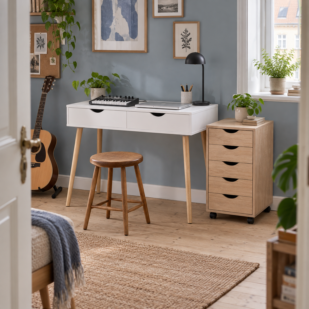 Et lille MIDI-keyboard på cirka 32 cm bredde og en lukket 13-tommers laptop står på skrivebordet