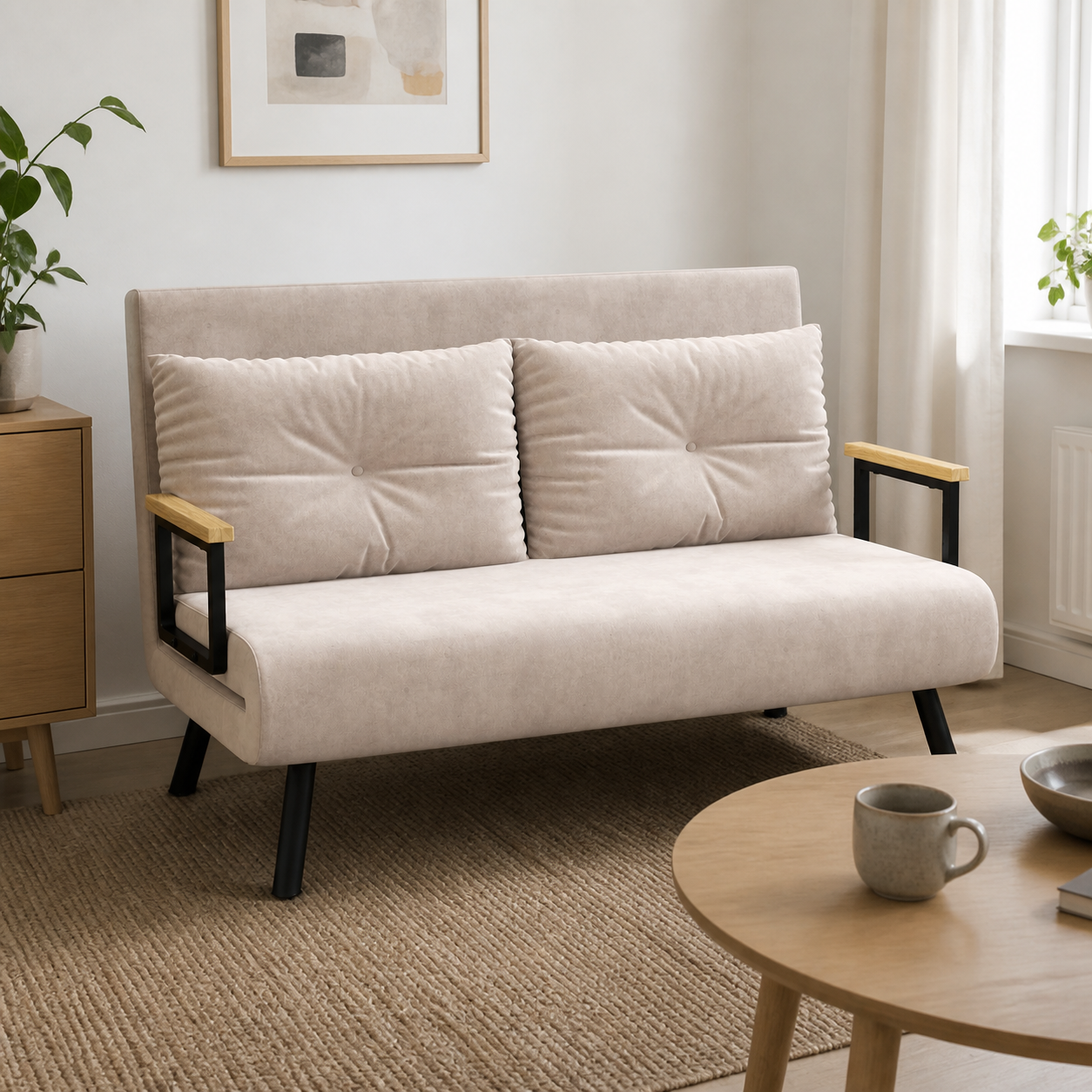 Sofa markeret med tape i almindelig stue med en kompakt to-personers sovesofa