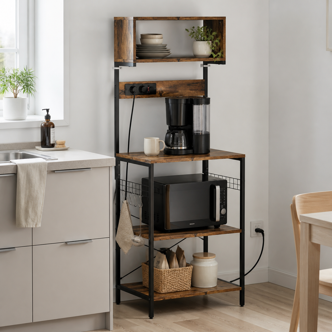En mikroovn og kaffemaskine står på hver sin egnede hylde med kabler samlet sikkert