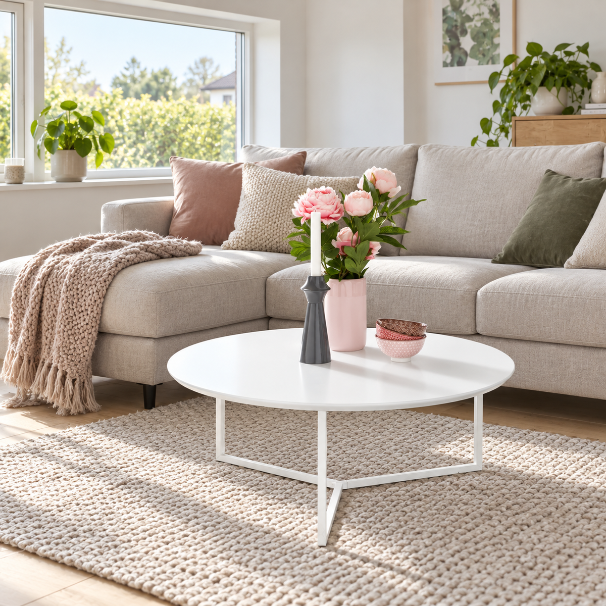 Hel lys stue med lavt placeret vindue og hvidt rundt bord foran sofaen, udsyn gennem glasset frit