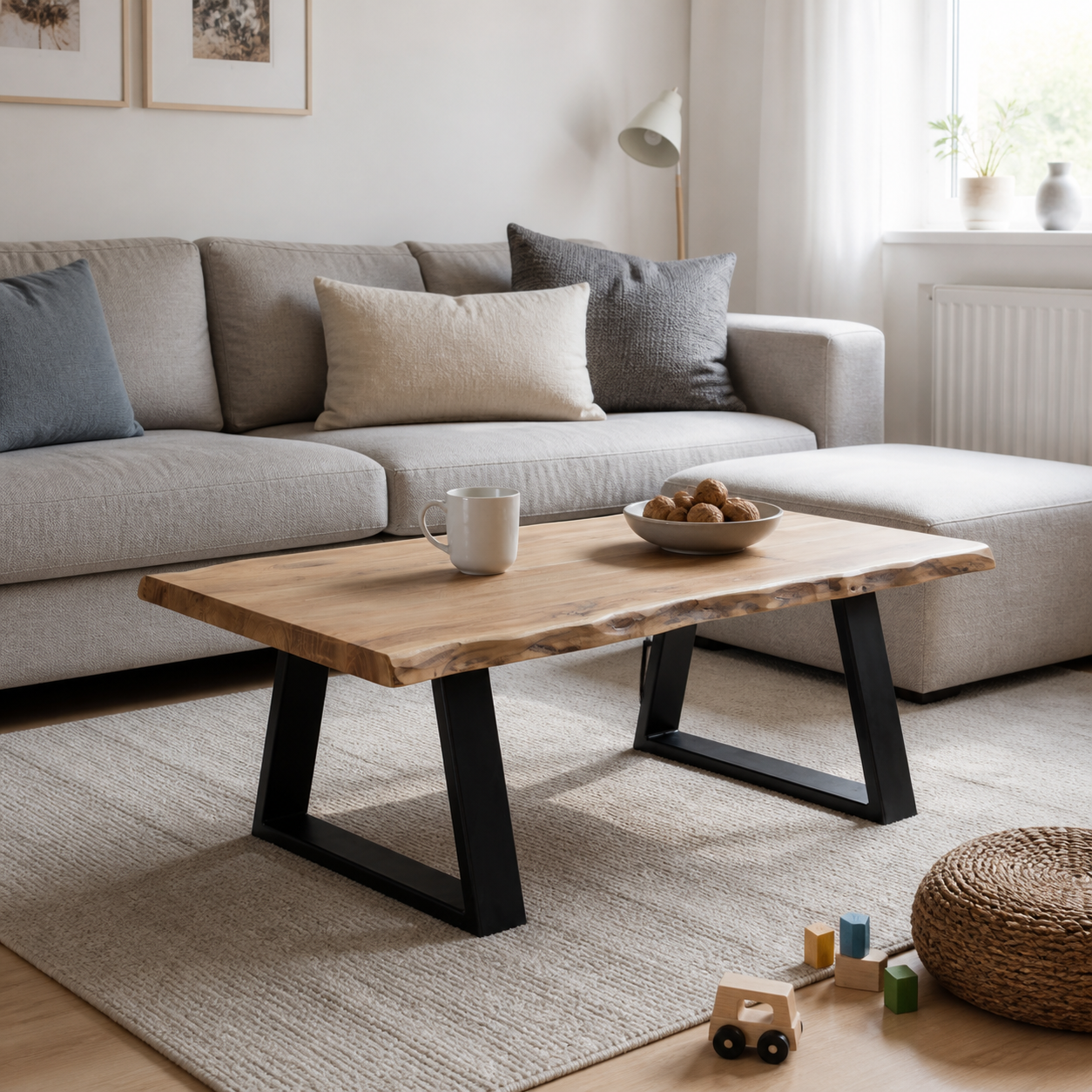 Stue med fast sofa og fri legeflade med et robust sofabord