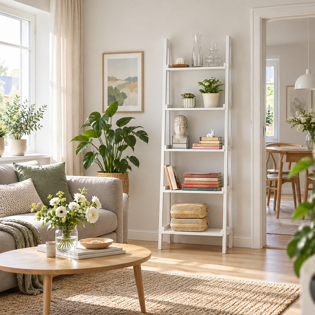 Hel stueoversigt med én hvid stigereol som højt punkt ved lav sofa