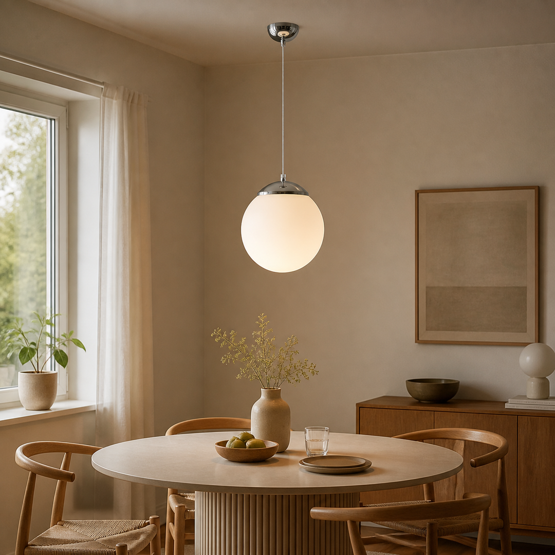 Kugleformet loftlampe i rolig højde over et rundt spisebord