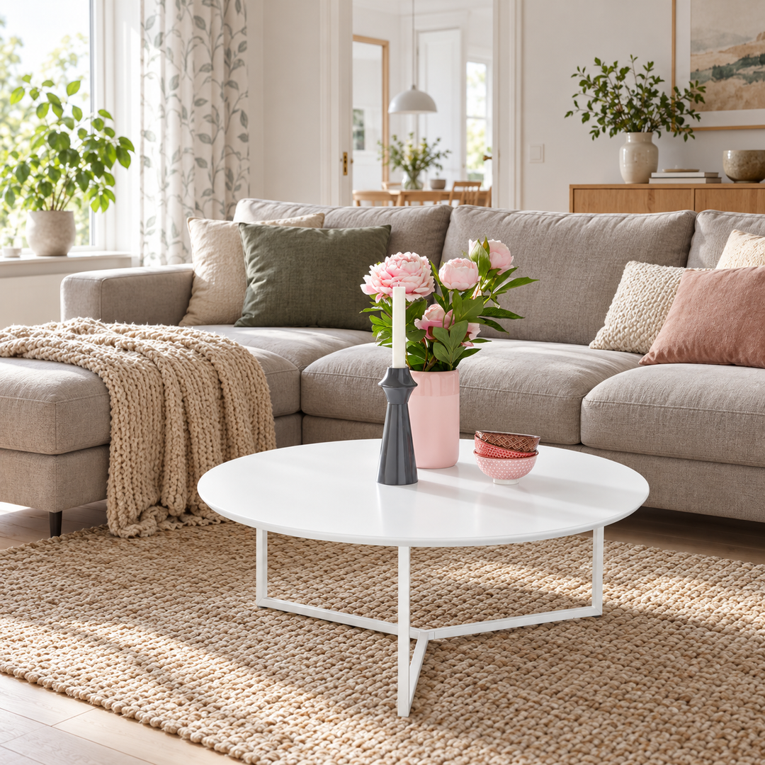 Stueoversigt med roligt hvidt rundt bord og diskret mønstret gardin ved sofaen