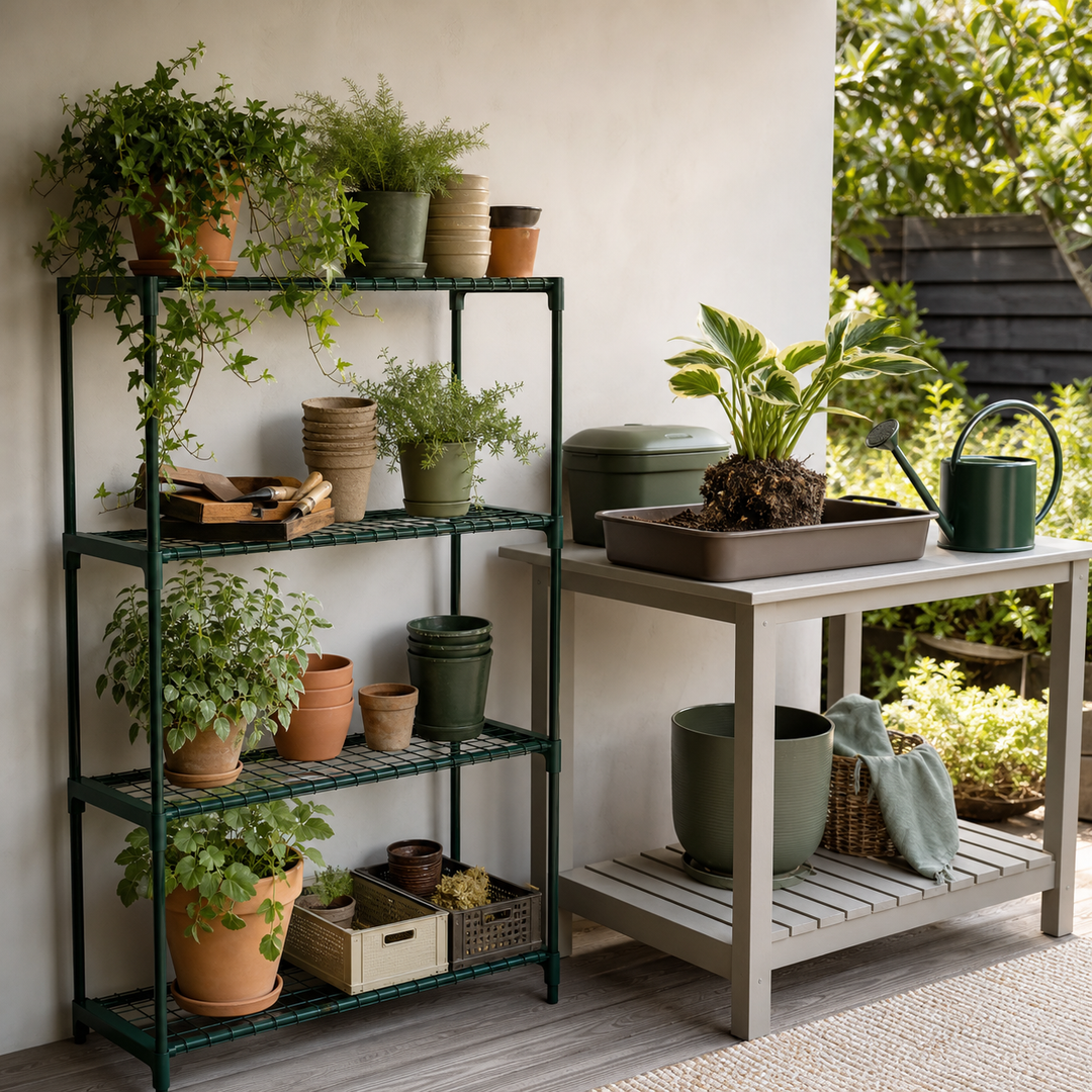 Plantearbejdsplads med arbejdsbord, jordbakke og plantestativ til ventende planter