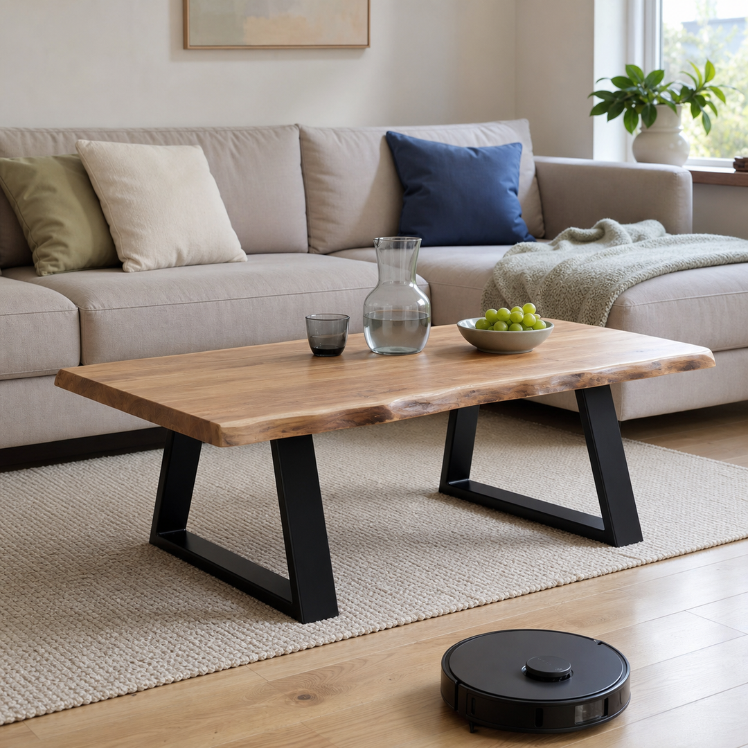 Stue med tydelig ubrudt robotrute med et sofabord på ben