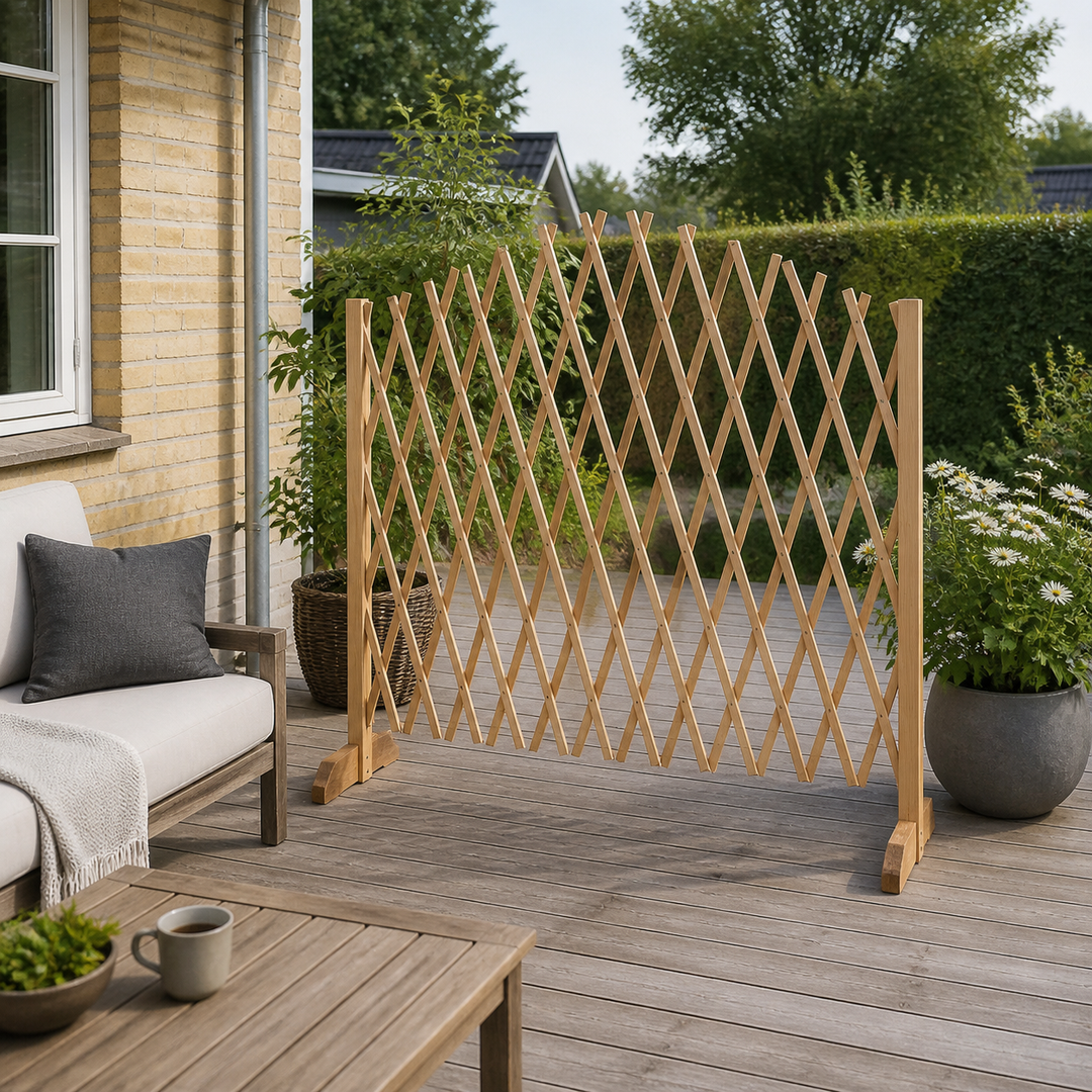 dansk terrasse med roligt placeret siddezone ved husmur og fri adgang uden synlig storm