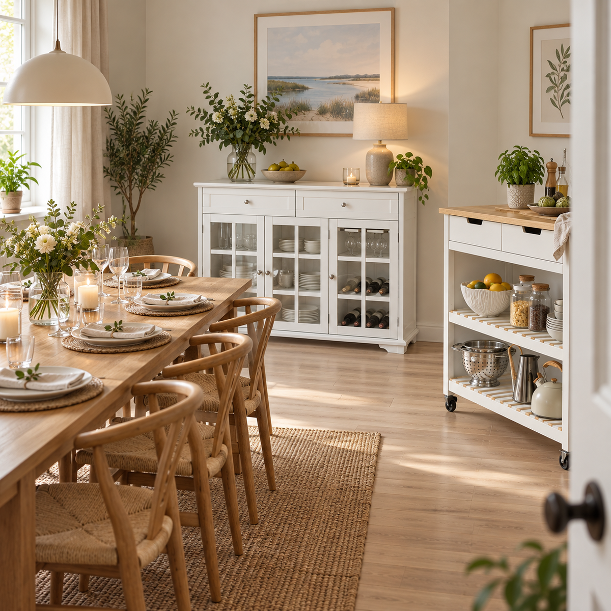 En almindelig dansk spisestue med et eksisterende langt spisebord til otte personer