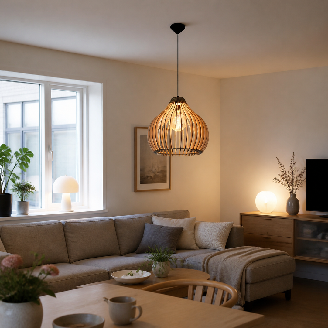 dansk stue uden centralt loftlys med flere lave, varme og funktionelle lamper