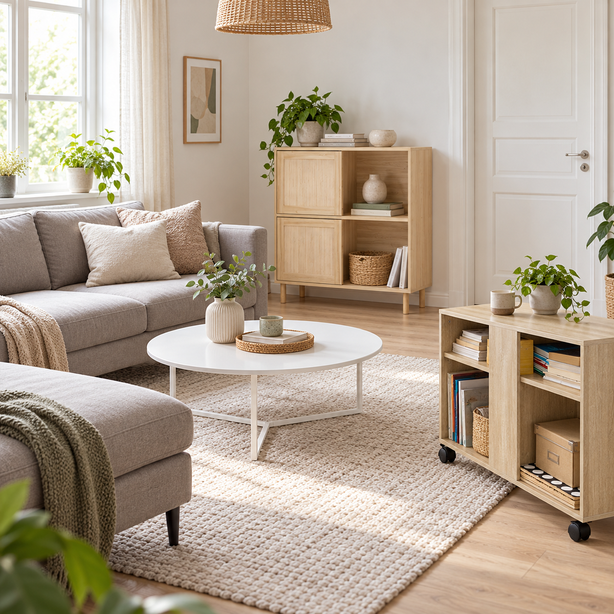 Rumoversigt med sofa og separat almindelig chaiselong i én gruppe, hvidt rundt bord, mobilt sidebord og skænk