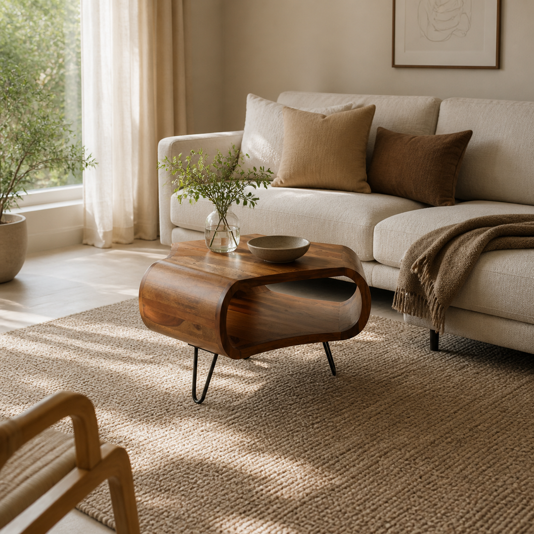Stue på vej fra sommer til efterår med organisk træbord og varme tekstiler i roligt dagslys og tydelig daglig brug