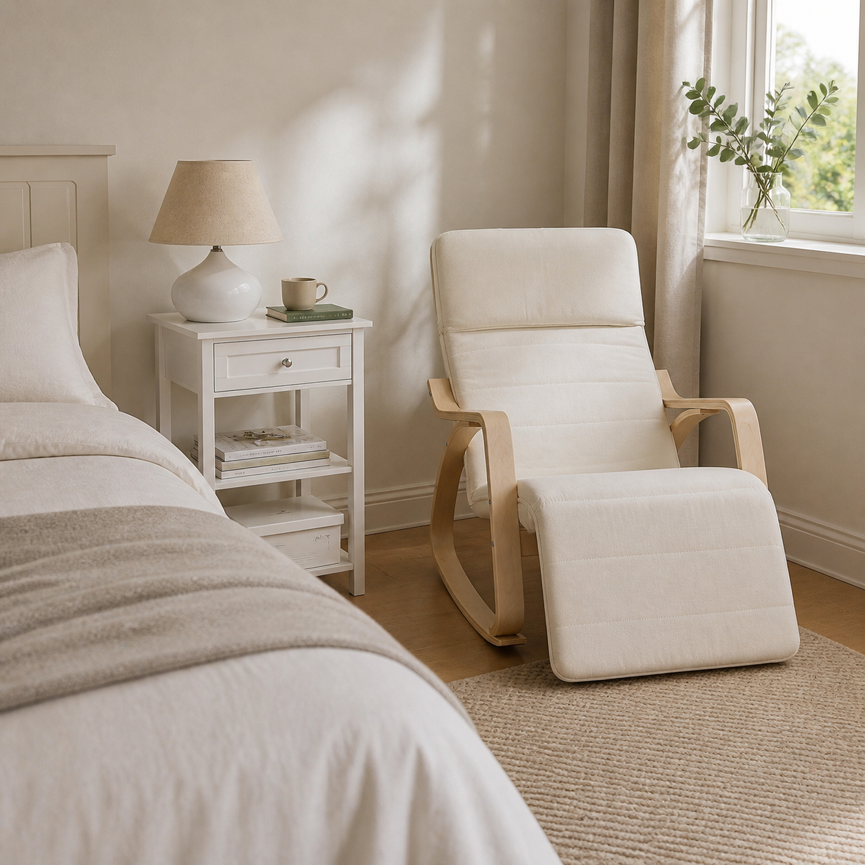 Beige lænestol og lille hvidt sidebord som læsehjørne i soveværelset