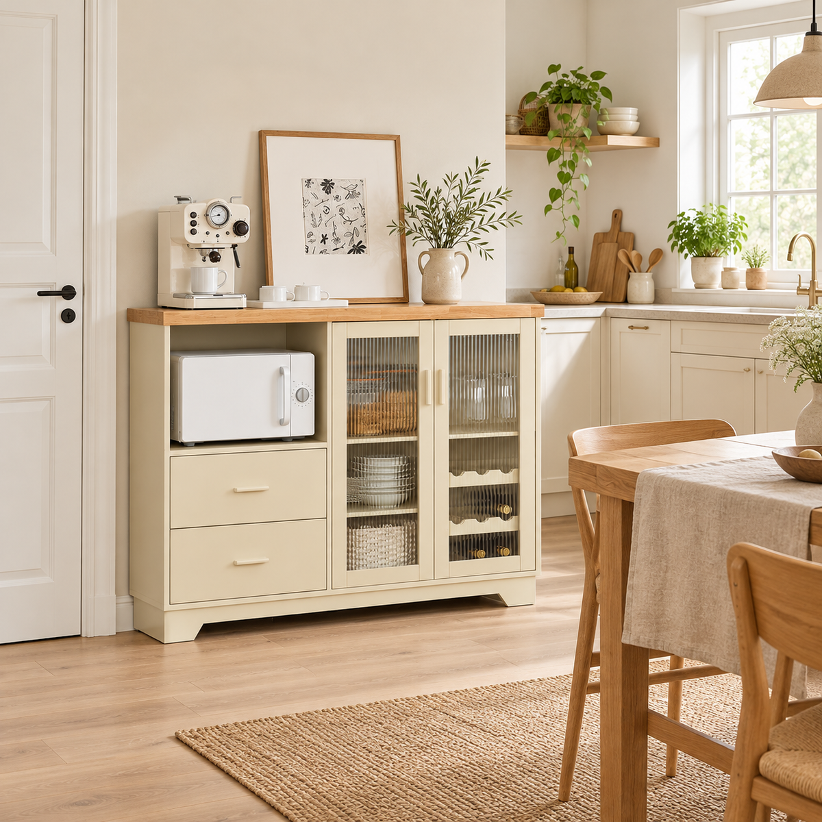 Hel køkkenoversigt med beige skænk ved lysere varm hvid væg og sandfarvet tekstil