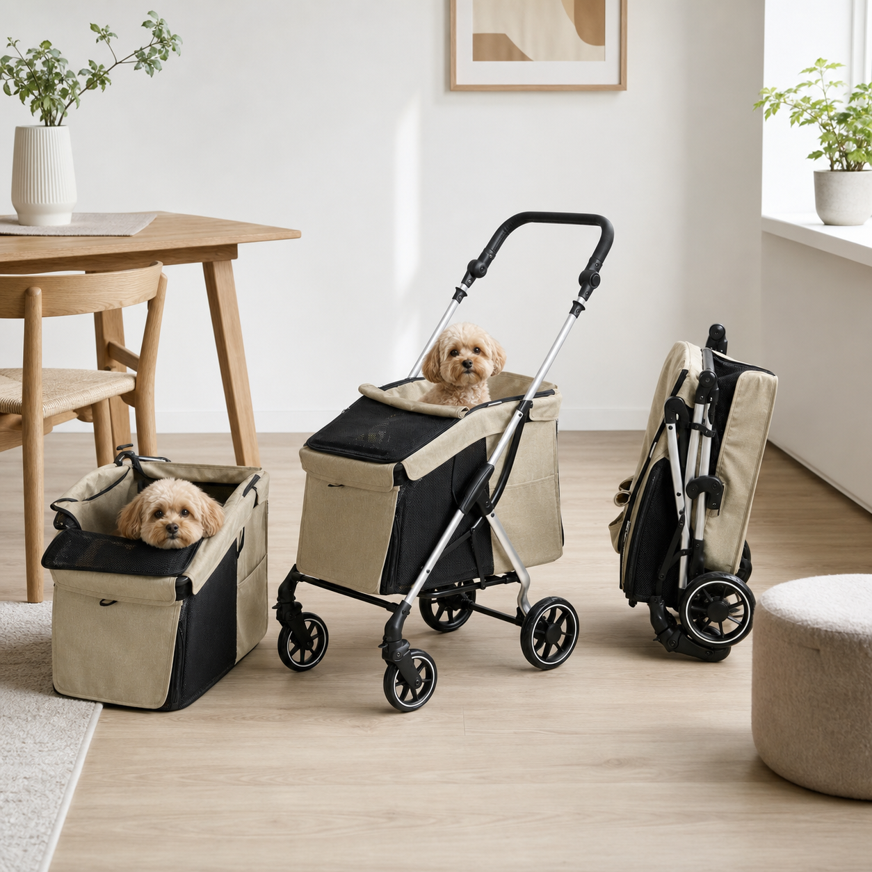 Tre transportbehov vist omkring samme lille hund med en sammenklappelig hundeklapvogn