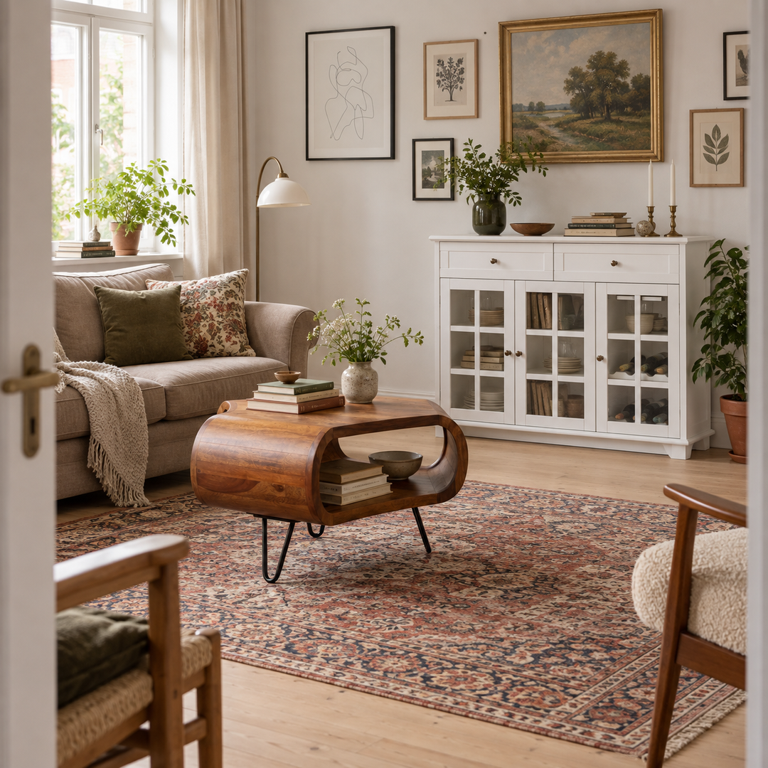 Det brune bord står sammen med en ældre men velholdt sofa og personlige bøger, ingen nedslidning. Alle møbler står naturligt i rummet og er helt synlige