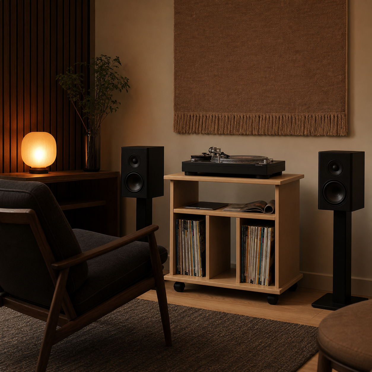 Naturfarvet vinylmøbel med pladespiller ved en rolig, listening-bar-inspireret lytteplads