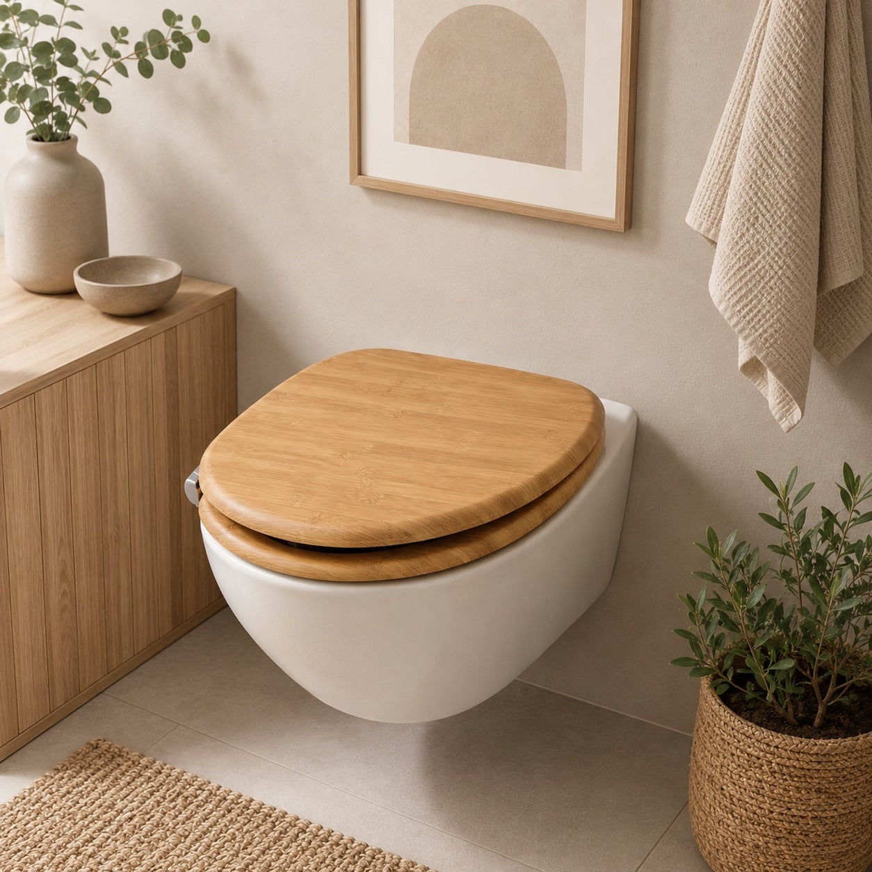 Toiletsæde i bambus med soft close monteret på væghængt hvidt toilet i lyst badeværelse med bambusmøbel