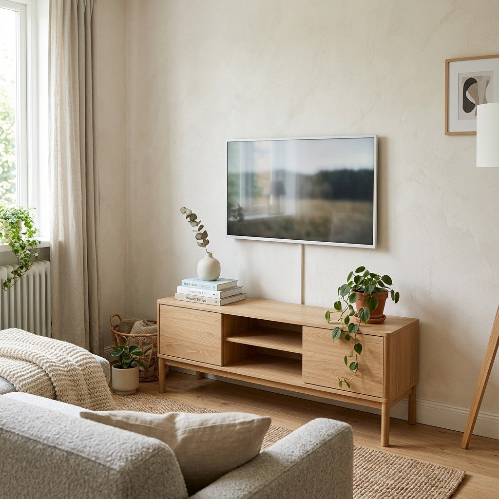 Lavt tv-bord i lys eg mod en lys væg i en lille skandinavisk stue, med tv, bøger og en plante ovenpå