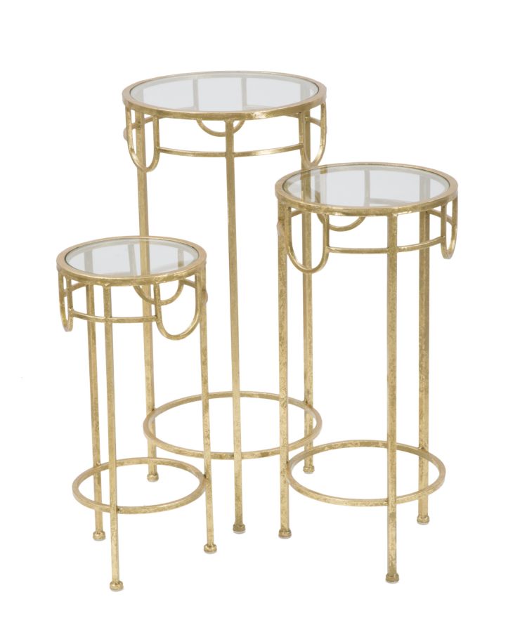 Glam sideborde i guldfarve, metal og glas, styks – 33x70 og 28x60 og 23x50 cm