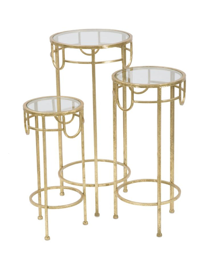 Glam sideborde i guldfarve, metal og glas, styks – 33x70 og 28x60 og 23x50 cm