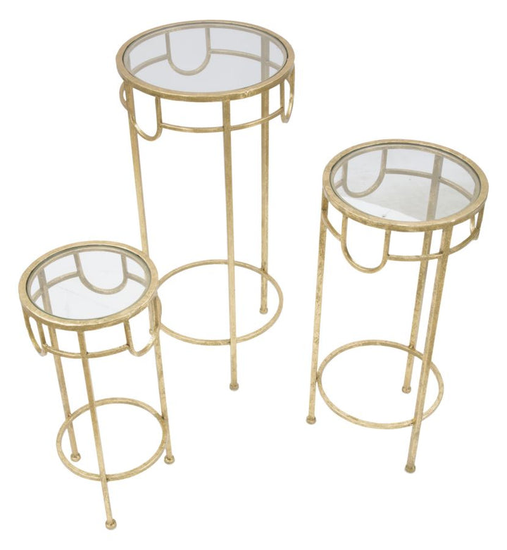 Glam sideborde i guldfarve, metal og glas, styks – 33x70 og 28x60 og 23x50 cm