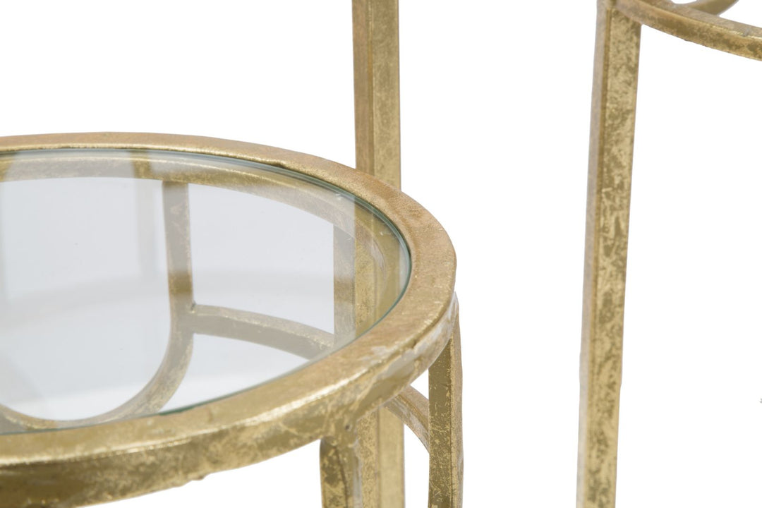 Glam sideborde i guldfarve, metal og glas, styks – 33x70 og 28x60 og 23x50 cm
