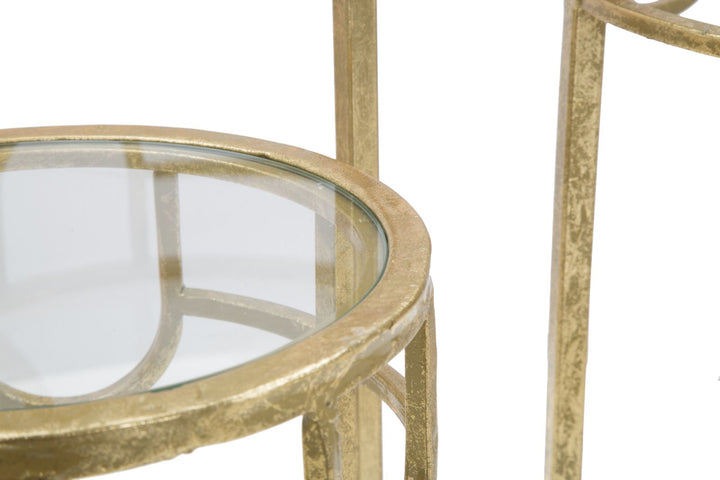 Glam sideborde i guldfarve, metal og glas, styks – 33x70 og 28x60 og 23x50 cm