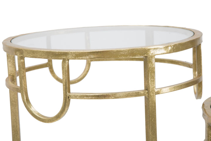 Glam sideborde i guldfarve, metal og glas, styks – 33x70 og 28x60 og 23x50 cm