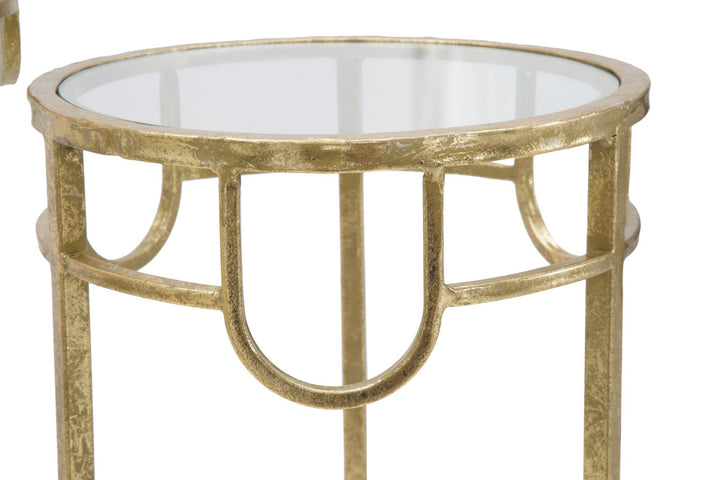 Glam sideborde i guldfarve, metal og glas, styks – 33x70 og 28x60 og 23x50 cm